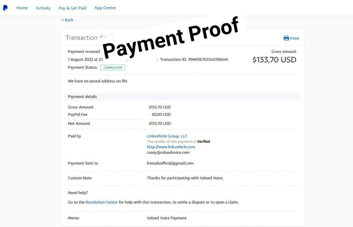 Payment proof of Valued Voice 